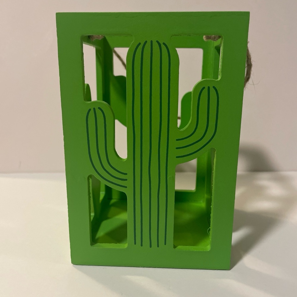 Southwestern Green Cactus Cut-Out Wooden LED Tealight Candle Lantern 6"H New